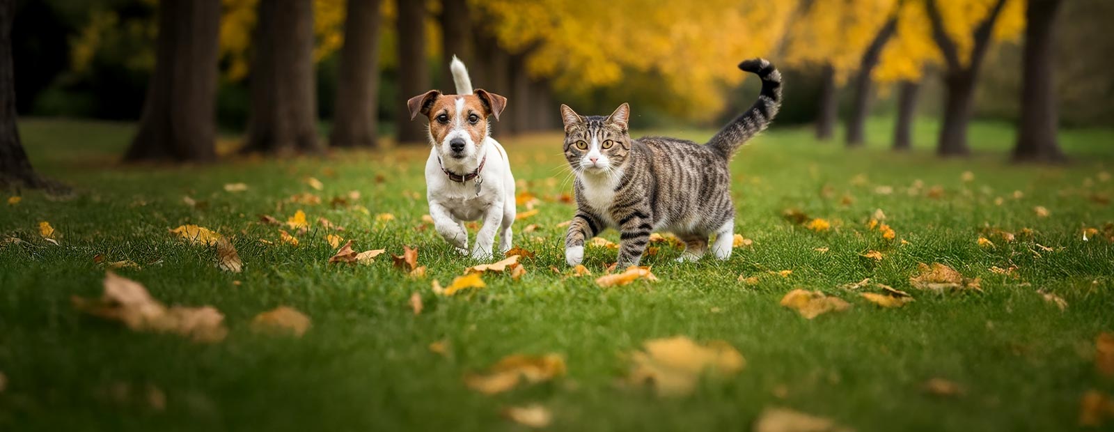 Een hond en een kat rennen samen over een weide met gevallen bladeren van bomen op de grond.