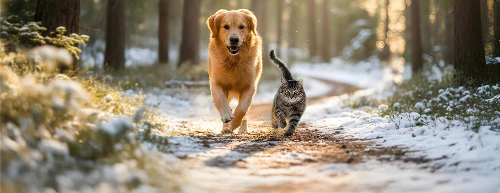 Hund und Katze laufen gemeinsam durch den Wald mit leicht Schnee bedeckten Wegen. 