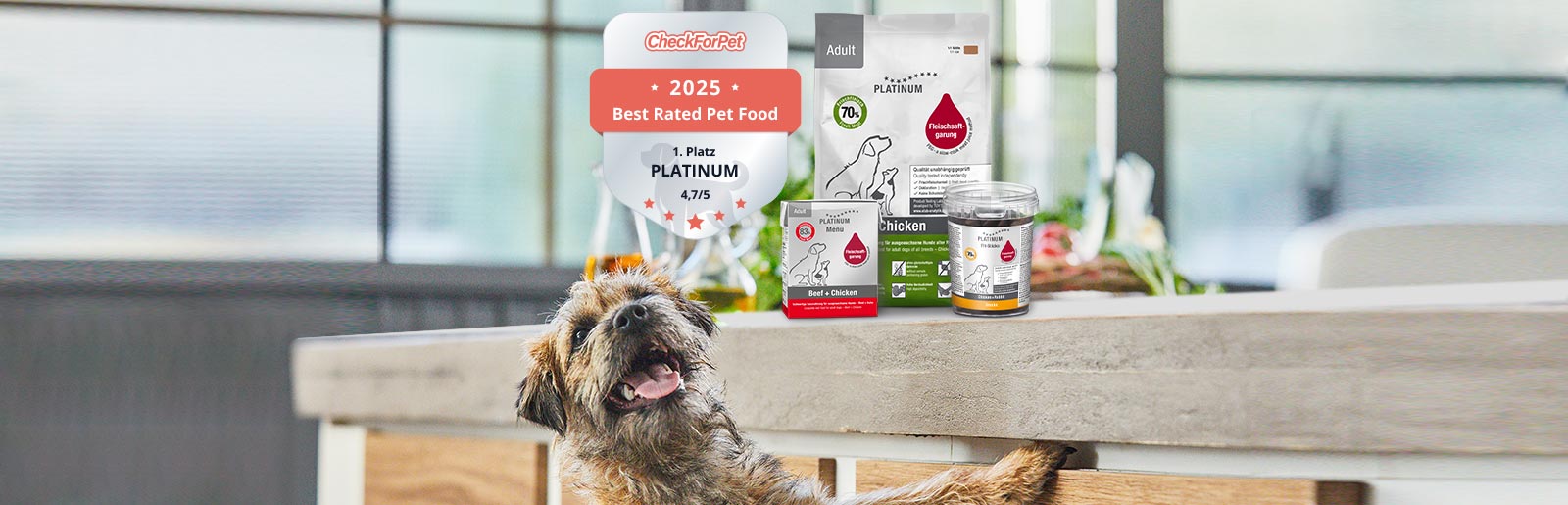 Trockenfutter Beutel, Nassfutter Tetra und Dose mit Snacks stehen auf einer Küchenplatte, davor steht ein Hund.
