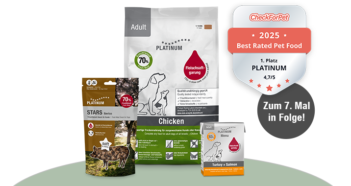 Zusammenstellung von PLATINUM Futterprodukten für Hunde + CheckForPet Siegel und Snoopy