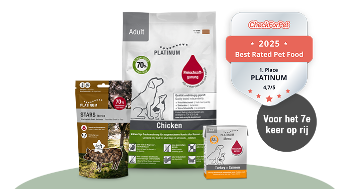Compilatie van PLATINUM voedingsproducten voor honden en CheckForPet zegel