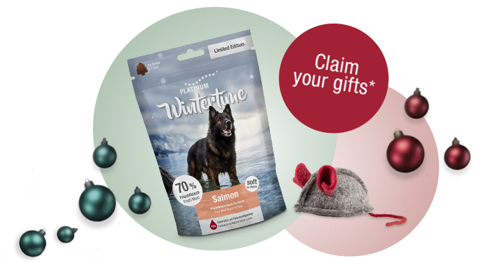 Bag of dog treats and toy mouse for cats as part of the PLATINUM Christmas promotion.