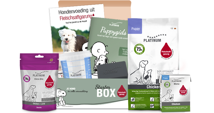 Droog puppyvoer, nat puppyvoer, speelgoed voor honden, informatie over puppy's, maatbekers voor hondenvoer
