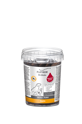 A tin of PLATINUM treat sticks for dogs in chicken and rabbit flavour