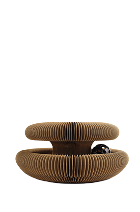 A high-quality cardboard toy for cats made of sturdy cardboard in a round, flexible shape with a textured scratching surface and surrounding track containing a play ball.