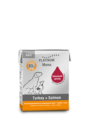 Tetra Recart carton with wet food from PLATINUM for dogs in the flavour turkey and salmon