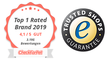 1. Platz beim CheckForPet Futtercheck 2019 und mehr als 50.000 positive Trusted Shops-Bewertungen CheckForPet Siegel 2019 Futtercheck Hundefutter und Trusted Shops Gütesiegel