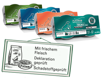 Der Frischfleischanteil in unserem Hundefutter wird TÜV zertifiziert Menu Mini in der 100g-Schale und TÜV-Zertifikat