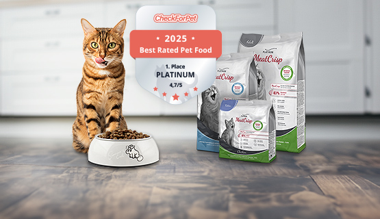 Cat sitting in front of a full bowl, CheckForPet seal and 3 bags of dry food in different sizes next to it